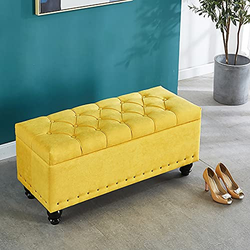 ASHILD Rechteckige Aufbewahrungs-Ottomane-Bank, Leinen-Polsterbank, Sitzende der Bettbank mit Stauraum, Moderner Wohnzimmer-Fußhocker, Eingangsbereich, Schuhe, Wickelhocker, Gelb, 80 x 40 x 45 cm (