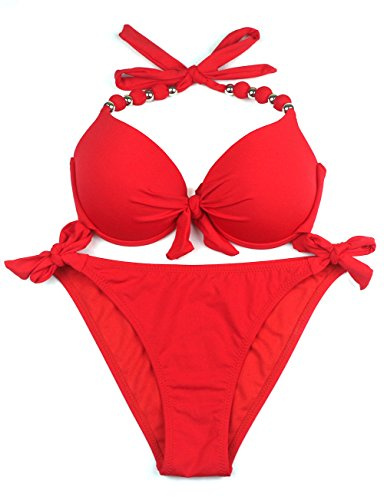 EONAR Femme Ensembles Deux Pieces Push-up Soutiens-Gorge Rembourrés à Armature(L,Red)