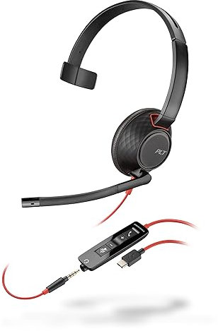 Schnurgebundenes Headset Poly Blackwire 5210 (Plantronics) Flexibler Mikrofonarm mit Noise Cancelling - Ein-Ohr – Verbindung mit PC/Mobilgeräten über USB-C, USB-A oder 3,5 mm, Kompatibel: Teams, Zoom
