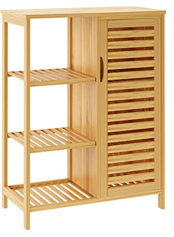 SDHYL Armario Auxiliar de Bambú con 1 Puerta 3 Estantes Abiertos Estantes Compartimiento Abierto y Estante Ajustable Multifuncional para Cocina Salón