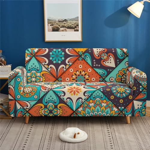 Sofa Überzug 2 Sitzer böhmisches geometrisches Muster Sofabezug, Druck Sofaschoner rutschfest, Elastisch Couch Überzug Mit Armlehnen, Sofa Cover Sofahusse Sofaüberwurf Couch Überwurf