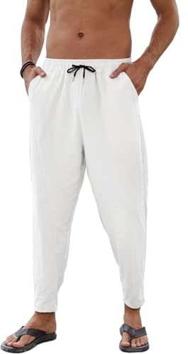 Yutdeng Pantaloni di Lino e Cotone per Uomo Estivi Pantaloni Harem Leggeri Casual Comodi Pantaloni Baggy Elastici in Vita con Quattro Tasche Pantaloni Yoga Hippies Spaiggia,Bianco,2XL