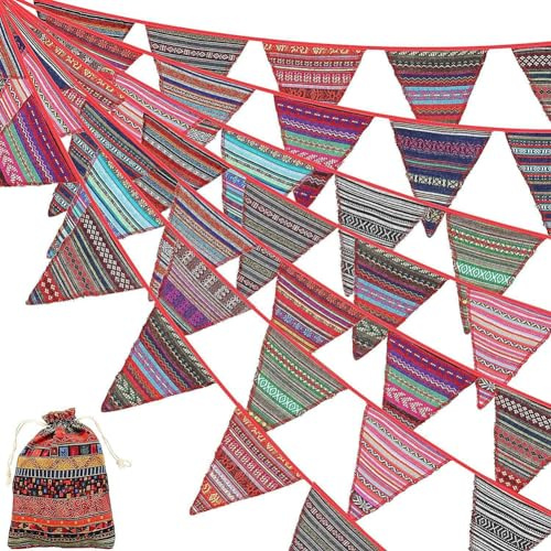 Hrlace 5M Boho Wimpelkette Vintage Bunt Dreieckige Flaggen Wimpel Girlande Ethnische Wimpelfahnen DIY Dekorative Ammergirlande Banner für Draussen Garten Hochzeit Geburtstag Party Deko 5M
