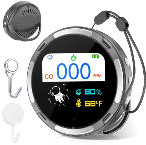 Carbon Monoxide Detectors Mini CO Detector Portable with Temperature Humidity Sensor Built-in, CO Alarm, Backlit LCD Screen, Audible Visual Alarm for Home Car Camping Travel, Comply with EN50291, Grey