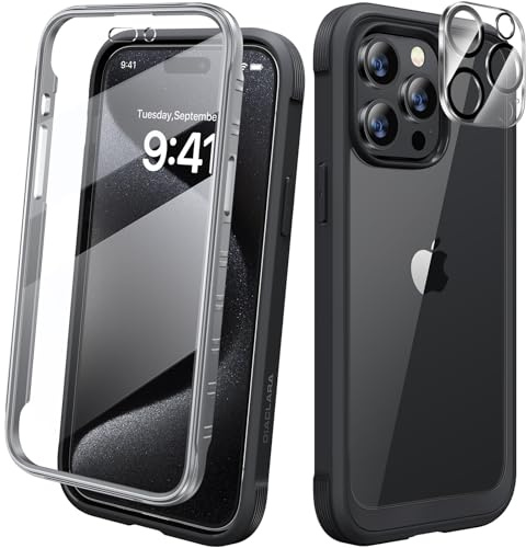 Diaclara for iPhone 15 Pro Max Case, Full Body Rugged Case with Built-in Touch Sensitive Anti-Scratch Screen Protector + Glass Camera Lens Protector for iPhone 15 Pro Max 6.7 (Black)