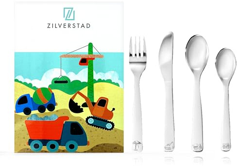 Zilverstad Kinderbesteck mit Namensgravur - Baufahrzeuge - Kran, Bagger, Betonmischer, Kipper - 4-teilig eigener Gravur/Namen auf Besteck (Gravur möglich)