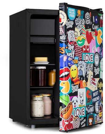 Klarstein Cool Vibe - Refrigerator, capacity: 70 litres, VividArt Concept: door with sticker bomb design print, ice compartment, ice cube tray, noise level: 42 dB, black