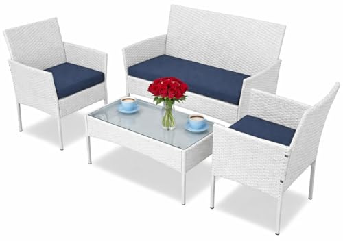 BAKAJI Set Salotto Giardino Completo di Divano 2 Poltrone e Tavolino con Ripiano in Vetro, Salottino da Esterno con Struttura in Polyrattan Bianca, Cuscini Sfoderabili Terrazzo, Balcone, Bar (Bianco)