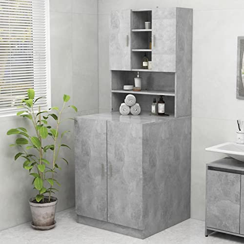LAPOOH Mobile per Lavatrice Grigio Cemento 70,5x25,5x90 cm, Accessori per Lavatrici e Asciugatrici, 2 Ante e 9 Scomparti, Robusto e Durevole, Facile da Pulire, Bagno