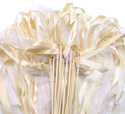 30 Stück Wedding Wands mit Glocke, Zauberstäbe Hochzeit Luftschlangen, Luftschlangen mit Holzstäbchen werden für Hochzeiten Geburtstage Partys Feiertagsfeiern verwendet (Champagner 30 Stück)