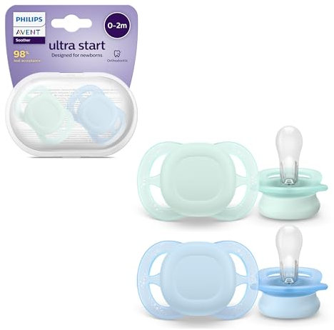 Philips AVENT Ultra Start Schnuller, kiefergerecht geformter Schnuller für Neugeborene, BPA-frei, mit Sterilisations-,Transportbehälter, Doppelpack, grün,blau, Modell SCF075/02