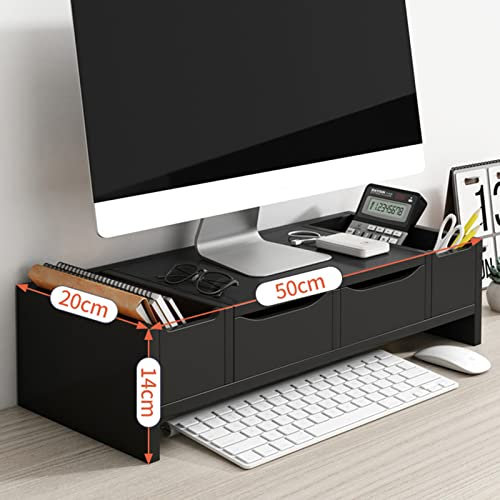 Supporto per monitor in legno con cassetto a 2 ripiani, organizer da scrivania per computer a schermo piatto, TV a schermo piatto, salvaspazio, alzata da scrivania, colore nero