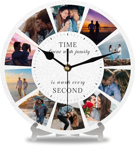 YLYNIU Personalized Photo Collage Wall Clock - 10 Picture Family Quote Clock, Custom Rustic Farmhouse Style for Home, Kitchen, Living Room, Silent Battery Powered, Gift for Christmas