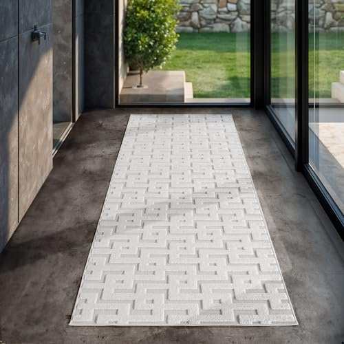 SIMPEX Indoor Outdoor Teppich wetterfest 80x250 cm, 3D Optik, Labyrinth-Boho Design, waschbar, wetterbeständiges, Natur Creme Farbe, Teppich Wohnzimmer, Küchenteppich, Läufer