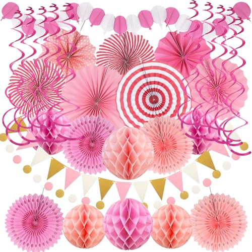 Pink Party Decorations, Easy Assembly Paper Fan Honeycomb Ball Garland Hanging Swirl Rose Red Party Supplies for Women Birthday Bridal Shower Baby Shower Decorations