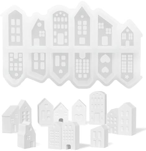 EIH1 Moules en silicone pour maisons, moule bougie, moule silicone bougie, mini maisons, 12 moules en silicone, pour verser avec plâtre, béton créatif, cire, poudre de coulée, moule maison
