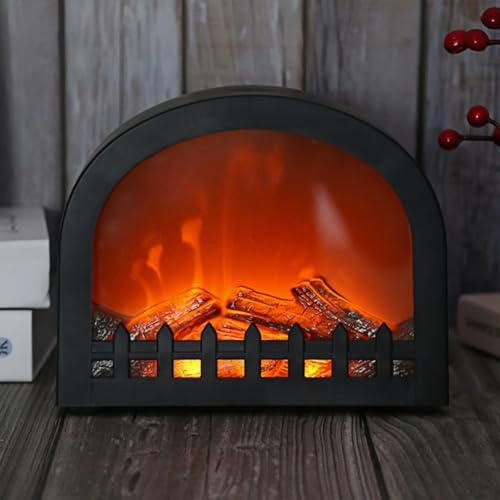Small Cozy Fireplace Lantern Traditional Realistic Log Wood Burning Flame Effect Ligh LED Charcoal Style Table LampFor Indoor & Outdoor Use(4.8''X4.8''X4.9'')