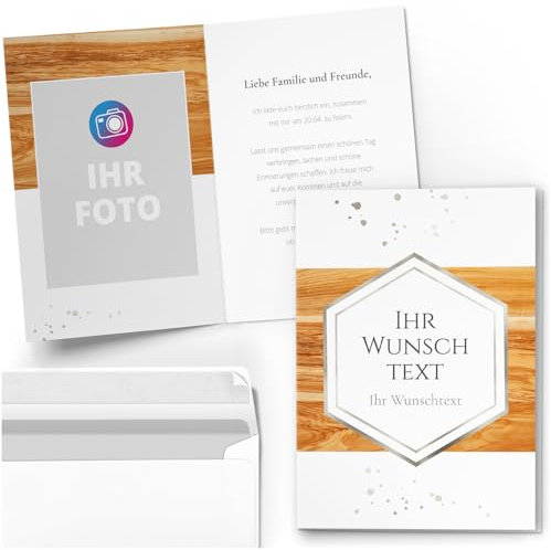 10 personalisierte Einladungskarten für Geburtstag Hochzeit Kommunion Konfirmation Jugendweihe Einladung Karten mit eigenem Text und Foto 02 Holz