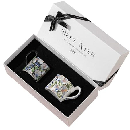 TERRATERRA Tasse à Café en Céramique - Lot de 2-400 ml - Cadeau pour Couples - Coffret Cadeau Élégant - Motif Floral - Grande Anse