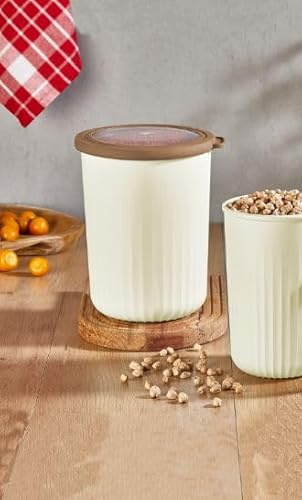 Vip Ahmet VP-808 Vakuum-Vorratsdosen Set 4-teilig – 4 x 2,1 Liter, Geriffelt, BPA-frei, Cremeweiß, Transparenter Deckel, Spülmaschinenfest, 16 x 20 cm