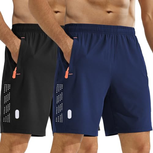 Zoofly Lot de 2 Pantalons de Sport Courts Hommes Short de Sport d'été avec Poches zippées Pantalon élastique Football Fitness Tennis Hommes