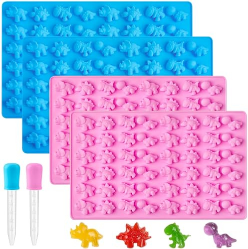 YXHZVON 4 Stück Dinosaurier Pralinenform Silikon, Mit 2 Tropfern, 48 Mini Niedliche Dinosaurier Silikonform, Wiederverwendbar Bonbonform Silikon für DIY Süßigkeiten, Schokolade(Rosa+Blau)