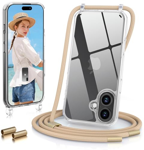 GOODVISH Handykette für iPhone 17 Hülle mit Band Transparent, Helbraun | Kameraschutz und Bildschirmschutz, Necklace Handyhülle mit Schnur Schutzhülle für zum Umhängen Case 17 mit Kordel 6.3