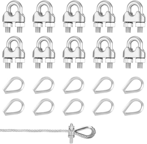 20 Stück M4 Seilklemmen + M4 Seilkausche, Silber, 304 Edelstahl, Drahtseilklemme, Seilklemmen, Seilklemme, Für 4mm Drahtseil, Stahlkabel, Stahldraht