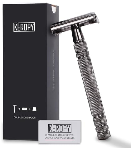 Double Edge Safety Razor for Men with 10 Double Edge Safety Razor Blades, Single Blade Butterfly Razor - Men Metal Razor for Shaving, Traditional One Blade Razor Kit - Gloss Black