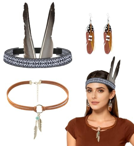 HUKUMA 3 Stück Boho-Kopfschmuck Damen,Kostüm Feder Stirnband Accessoires,Federschmuck,Feder Ohrringe,Boho Lederhalskette, Schmuck für Karneval, Fasching Damen Herren Kinder