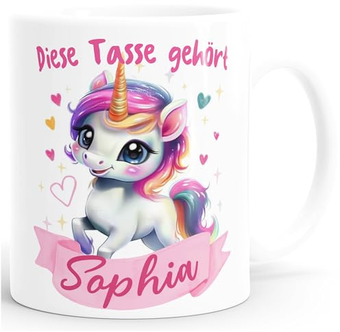 SpecialMe® Kindertasse mit Einhorn Spruch Diese Tasse gehört personalisierte Namenstasse aus Keramik für Kinder Mädchen Weiss standard