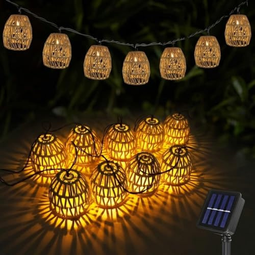 Gresonic 10er LED 3.6m Solar Lampions Außen, Rattan Solar Lichterkette Wetterfest IP65, Warmweiß Solar Lichterkette für Garten Balkon Terrasse Hochzeit Party Deko
