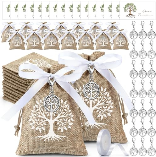 Otuuz 50 Set Prima Comunione Bomboniere Ciondoli Albero della Vita Bigliettini per Prima Comunione Sacchetti con Nastro Albero della Vita Bomboniere per Battesimo, Confermazione, Matrimonio