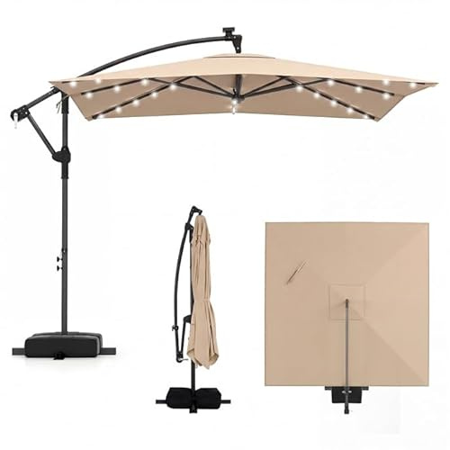 COSTWAY Parasol Déporté 2,5 x 2,5 m, 32 LED Solaire, Parasol de Jardin Extérieur Carré Rotation à 360°, Anti-UV, Manivelle, 8 Baleines, 2 Sacs de Sable, pour Balcon Jardin Terrasse (Marron)