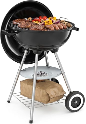 tectake® Barbacoa Carbon Redonda con 2 Ruedas, Parrilla Cromada Ø41,5 cm Tapa con Regulador de Aire, Bandeja Recogecenizas Extraíble, Bbq Grill, Barbacoa Portatil, Cocina Exterior - Negro/Plata