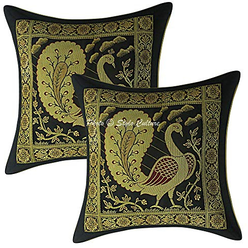Stylo Culture Indio Fundas para Almohadones Decorativos 30x30 cm Brocado De Seda Pavo Real Fundas Cojines Cama Negro 12x12 Inch Jacquard Cuadrado Cremallera Fundas para Los Cojines del Sofa - 2 Pcs