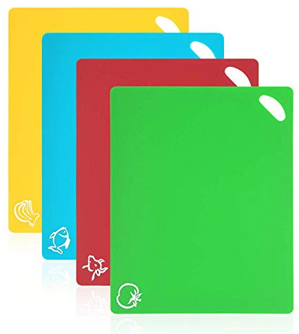 Vicloon Schneidebrett, 4-er Set Farbe Kunststoff-Schneidebrett mit Lebensmittel-Icons & Easy-Grip-Griffe, Antibakteriell, rutschfest, Spülmaschinenfestes, für Fisch/Gemüse/Obst/Fleisch/Brot