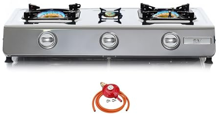 NJ NGB-300 Portable Gas Stove 3 Burner 70cm Durable Cooktop Camping Outdoor 8kW LPG Regulator Set (Propane 37mbar Screw-on)