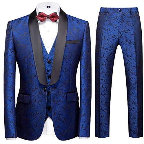 Sliktaa - Traje de 3 piezas para hombre, jacquard, clásico, con solapa de chal, revers, para bodas, negocios, con un botón, esmoquin casual, chaqueta, chaleco y pantalón, azul, XXL