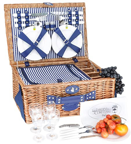 Les Jardins de la Comtesse - Picknickkorb Fontainebleau aus Weide – 4 Personen – Thermo-Kühlbox / Keramikteller / Weingläser aus Glas – Stoff mit vertikalen Streifen, Blau, 50 x 36 x 22 cm