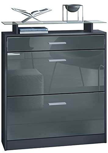 Vladon Schuhschrank Loret, Schuhkipper für 16 Paar Schuhe mit 2 Klappen, 1 Schublade und Glasablage, Anthrazit matt/Grau Hochglanz, (89 x 104 x 23 cm).