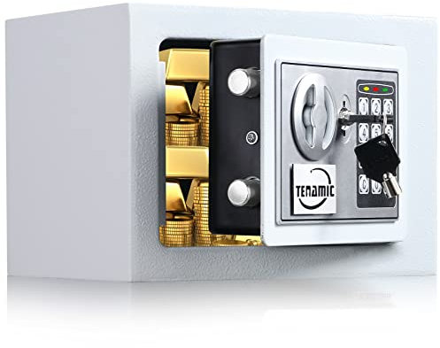 TENAMIC Safe Box - Caja de seguridad digital electrónica con teclado de 0.23 pies cúbicos, mini caja fuerte adecuada para oficina, hotel, hogar, color blanco