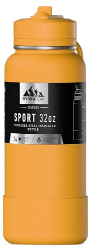 Hydrapeak 32oz Sport Insulated Water Bottle with Straw or Chug Lid, Leak & Spill Proof, Keeps Drinks Cold for 24 Hours, Hot for 12 Hours, Premium Stainless Steel Water Bottles (32oz, Tangerine)