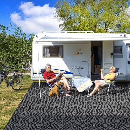GOTGELIF Outdoor Camping Rug Waterproof 9x18FT, Large Reversible Stain&UV Resistant Plastic Straw RV Rug for Outside Patio Pool Deck Beach Indoor, Area Carpet Mat with Portable Bag&4 Stakes-Black Grey