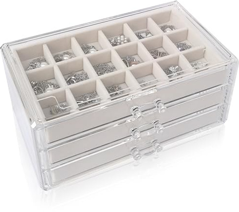 Boîte à Bijoux, Organisateur de Bijoux, Organisateur de Rangement pour Boucles d'Oreilles, Organiseur à 3 Niveaux avec 54 Petits Compartiments Empilables en Velours + Acrylique, Boîtes et