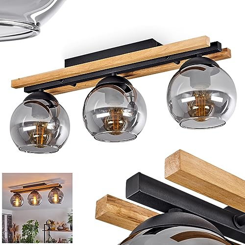 HOFSTEIN Deckenleuchte Podre, Deckenlampe aus Holz/Metall/Glas in Natur/Schwarz/Rauch, Leuchte im Retro/Vintage-Design mit Holzbalken, 3 x E27, Schlafzimmer, Wohnzimmer, Küche, Esszimmer