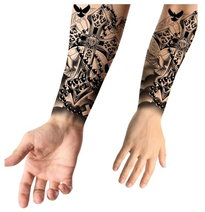 Fiestas GUiRCA Künstliches Tattoo eines Kreuzes mit Rosenkranz und schwarzer Taube