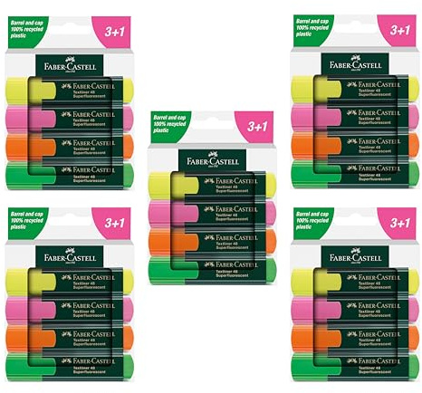 Faber-Castell - Textmarker Set 48 Neon, 20 Marker mit 4 Farben | Nachfüllbare Textmarker mit hoher Leuchtkraft und Keilspitze für Schule und Büro
