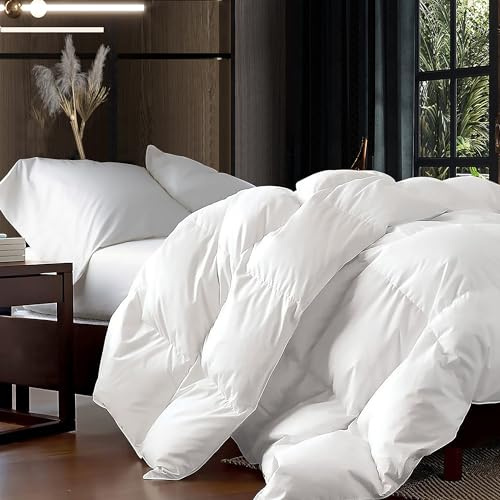 Luxurious King/Oversized King 108 x 98 Size Goose Down Fiber Waterfowl Feather Fiber Comforter Duvet, 100% Egyptian Cotton Cover, 65 oz. Fill Weight, Baffle Box Design, White Solid