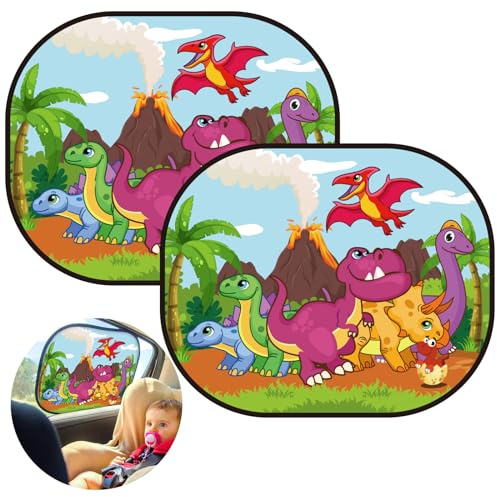 WEDNOK 2 Stück Auto Sonnenschutz Baby Dinosaurier Auto Fenster Seitenscheibe Sonnenschutz UV Schutz Autofenster Faltbar Sonnenblende mit Saugnäpfen für Kinder Auto Innen Sonnenschutz, 43,5x36,2cm